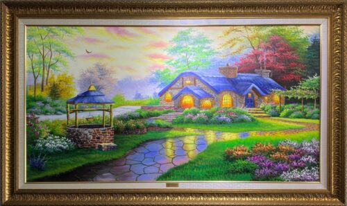 Tranh Sơn Dầu Phong Cảnh Ánh Đèn Ấm Áp Bên Trong Ngôi Nhà Nhỏ VT032