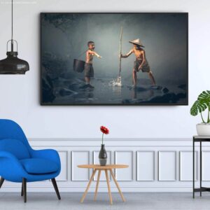 BRO4128 Tranh Hai Đứa Trẻ Bắt Cá Ven Suối