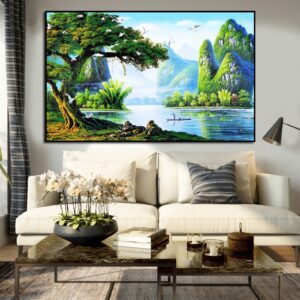 BRO5321 Tranh Phong Cảnh Sơn Thủy Chú Tiều Phu Và Con Sông Xanh