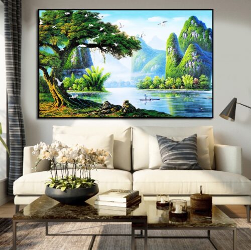 BRO5321 Tranh Phong Cảnh Sơn Thủy Chú Tiều Phu Và Con Sông Xanh