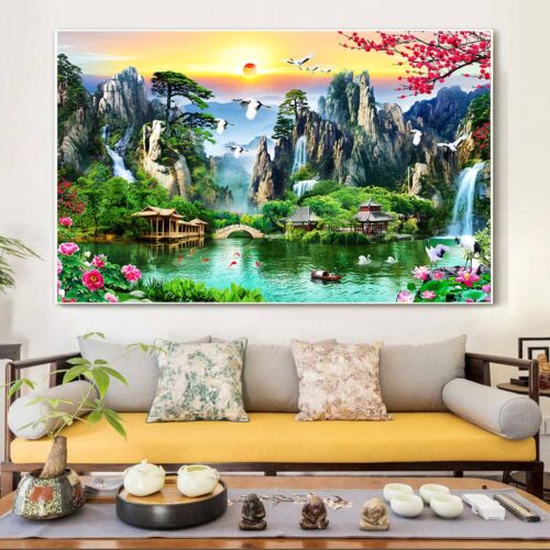 BRO5331 Tranh Sơn Thủy Hữu Tình Phong Cảnh Sông Nước Đẹp