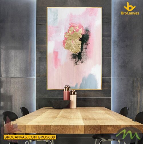 BRO5609 Tranh Trang Trí Phong Cách Trừu Tượng Nhẹ Nhàng Hồng Vàng Nhũ