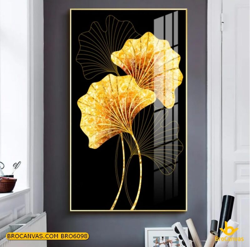 BRO6098 Tranh Canvas Cặp Lá Bạch Quả Nhũ Vàng