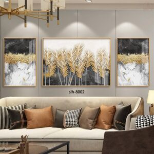 BROH5225 Tranh Canvas Trừu Tượng Nhũ Vàng Và Cành Lá Dừa