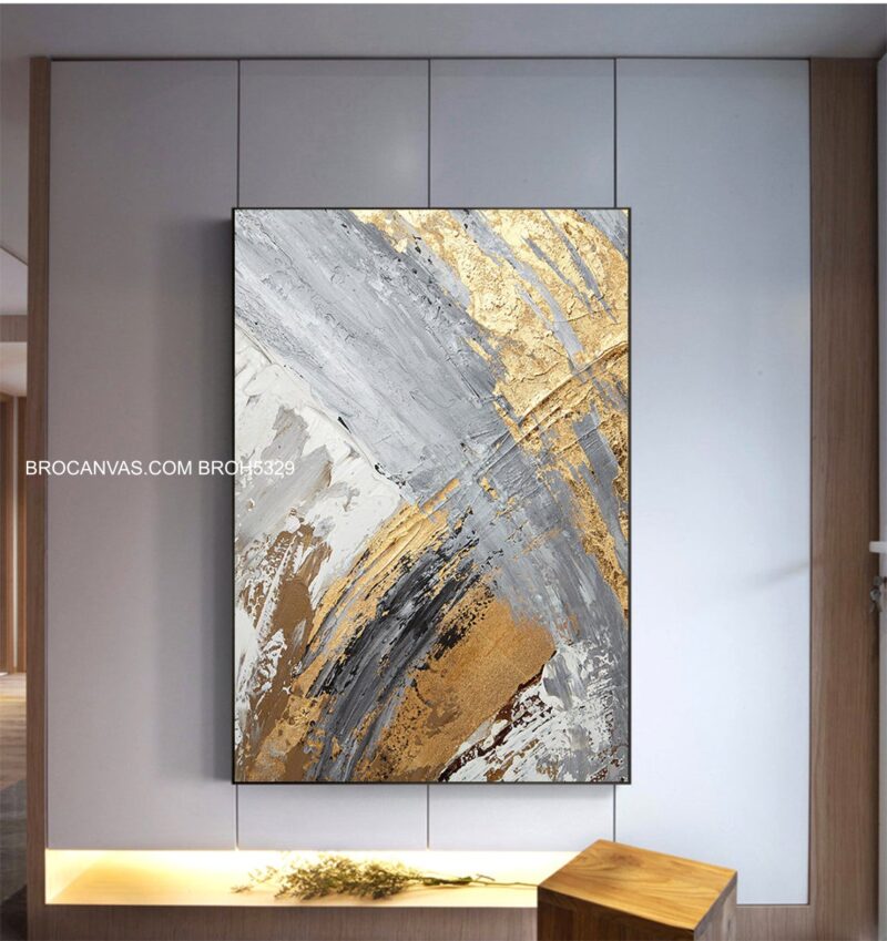 BROH5429 Tranh Canvas Trừu Tượng Sắc Thái Nhũ Vàng Đẹp