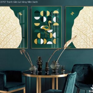 BROK3757 Tranh Gân Lá Vàng Nền Xanh