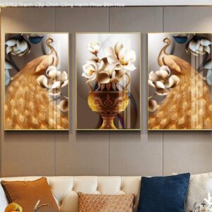 BROK3762 Tranh Cặp Chim Công Hạnh Phúc Bên Hoa