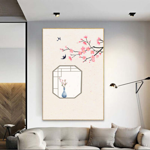 BROP4824 Tranh Hoa Đào Cánh Én Mùa Xuân