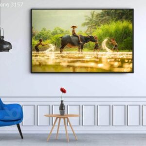 Tranh phong cảnh trẻ thơ tắm trâu TT-3157