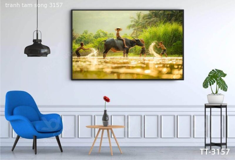 Tranh phong cảnh trẻ thơ tắm trâu TT-3157