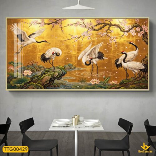 Tranh Tráng Gương Tùng Hạc Diên Niên Nhũ Vàng TTG00429